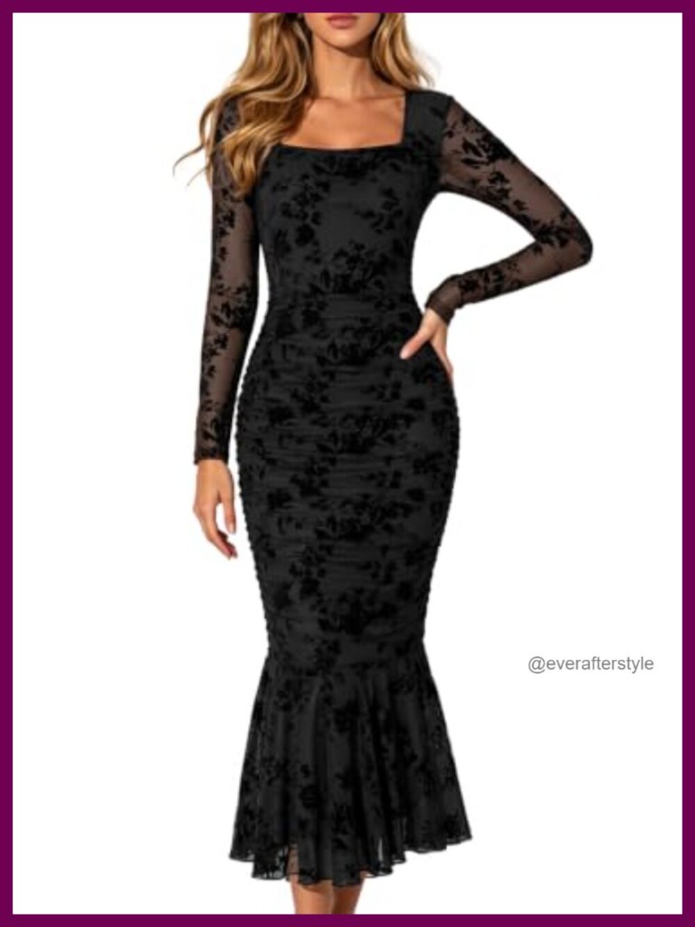 Long Sleeve Square Neck Midi Dress Bodycon Ruched Fishtail Formal